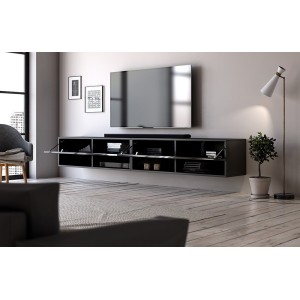 Meuble TV suspendu design CLUJ, 200 cm, 2 portes et 4 niches, coloris noir et noir brillant.