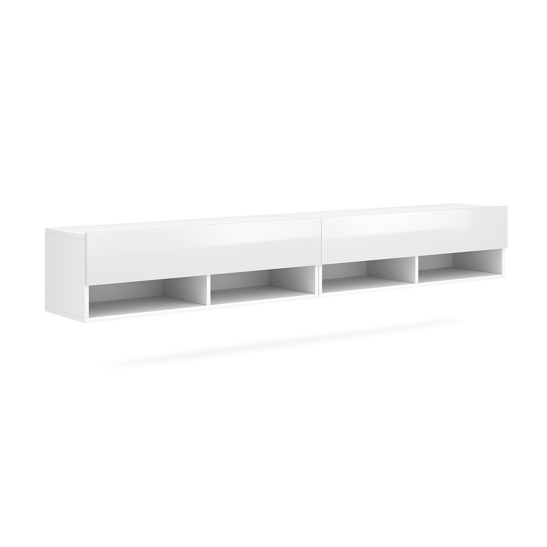 Meuble TV suspendu design CLUJ, 200 cm, 2 portes et 4 niches, coloris blanc et blanc brillant.