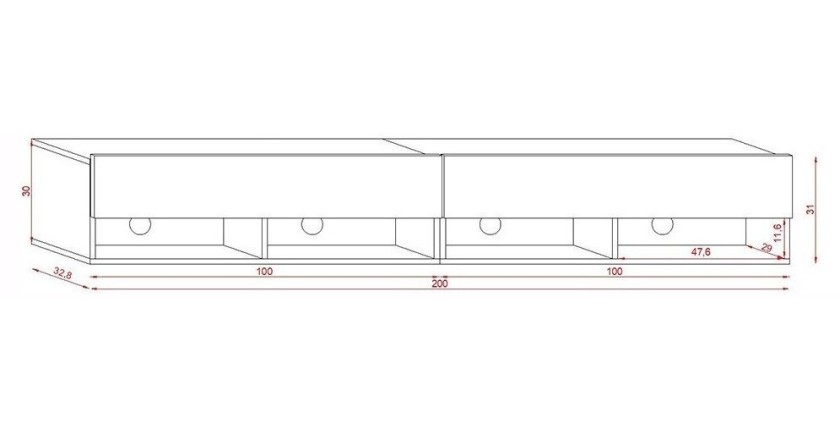 Meuble TV suspendu design CLUJ, 200 cm, 2 portes et 4 niches, coloris blanc et blanc brillant.