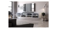 Meuble TV suspendu design CLUJ, 200 cm, 2 portes et 4 niches, coloris blanc et blanc brillant.