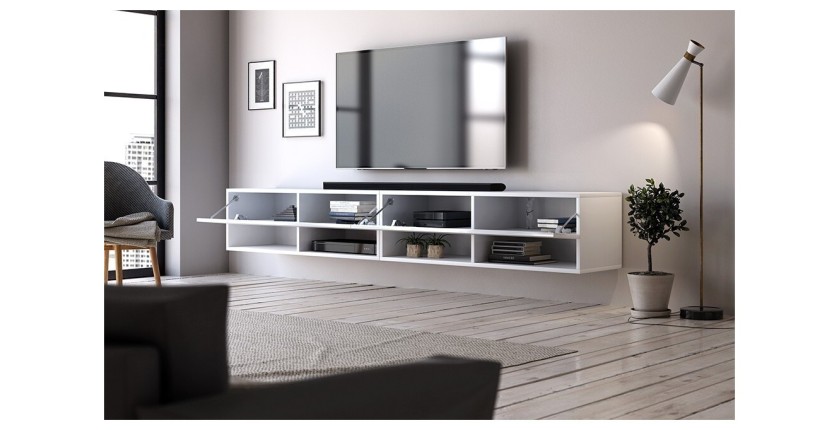 Meuble TV suspendu design CLUJ, 200 cm, 2 portes et 4 niches, coloris blanc et blanc brillant.