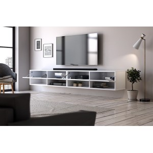 Meuble TV suspendu design CLUJ, 200 cm, 2 portes et 4 niches, coloris blanc et blanc brillant.