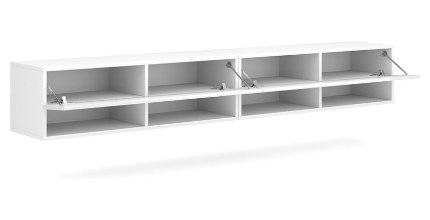Meuble TV suspendu design CLUJ, 200 cm, 2 portes et 4 niches, coloris blanc et blanc brillant.