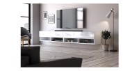 Meuble TV suspendu design CLUJ, 200 cm, 2 portes et 4 niches, coloris blanc et blanc brillant.