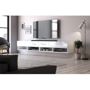 Meuble TV suspendu design CLUJ, 200 cm, 2 portes et 4 niches, coloris blanc et blanc brillant.