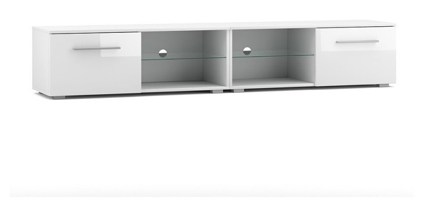 Meuble TV design LEON II XXL, 2 mètres, 2 portes et 4 niches, coloris blanc et blanc brillant