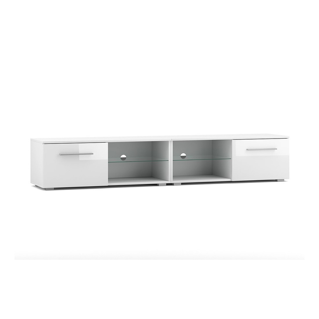 Meuble TV design LEON II XXL, 2 mètres, 2 portes et 4 niches, coloris blanc et blanc brillant