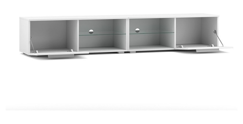 Meuble TV design LEON II XXL, 2 mètres, 2 portes et 4 niches, coloris blanc et blanc brillant