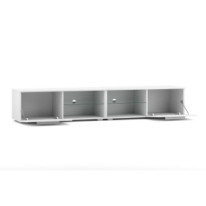 Meuble TV design LEON II XXL, 2 mètres, 2 portes et 4 niches, coloris blanc et blanc brillant