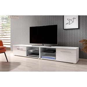 Meuble TV design LEON II XXL, 2 mètres, 2 portes et 4 niches, coloris blanc et blanc brillant