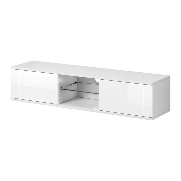 Meuble TV design PARIS-HIT 140 cm, 2 portes et 2 niches, coloris blanc mat et blanc brillant