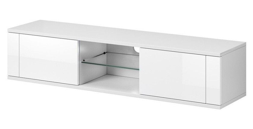 Meuble TV design PARIS-HIT 140 cm, 2 portes et 2 niches, coloris blanc mat et blanc brillant