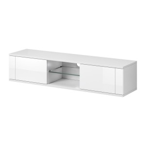 Meuble TV design PARIS-HIT 140 cm, 2 portes et 2 niches, coloris blanc mat et blanc brillant
