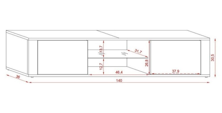 Meuble TV design PARIS-HIT 140 cm, 2 portes et 2 niches, coloris blanc mat et blanc brillant