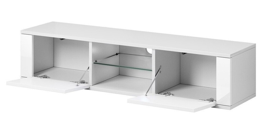Meuble TV design PARIS-HIT 140 cm, 2 portes et 2 niches, coloris blanc mat et blanc brillant