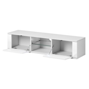 Meuble TV design PARIS-HIT 140 cm, 2 portes et 2 niches, coloris blanc mat et blanc brillant