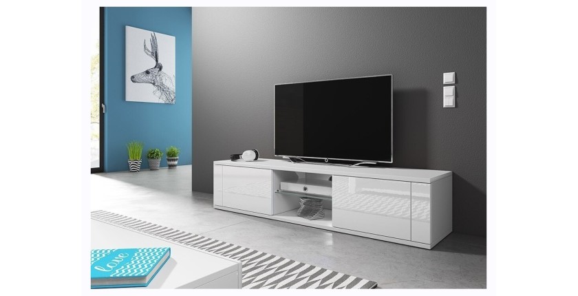 Meuble TV design PARIS-HIT 140 cm, 2 portes et 2 niches, coloris blanc mat et blanc brillant