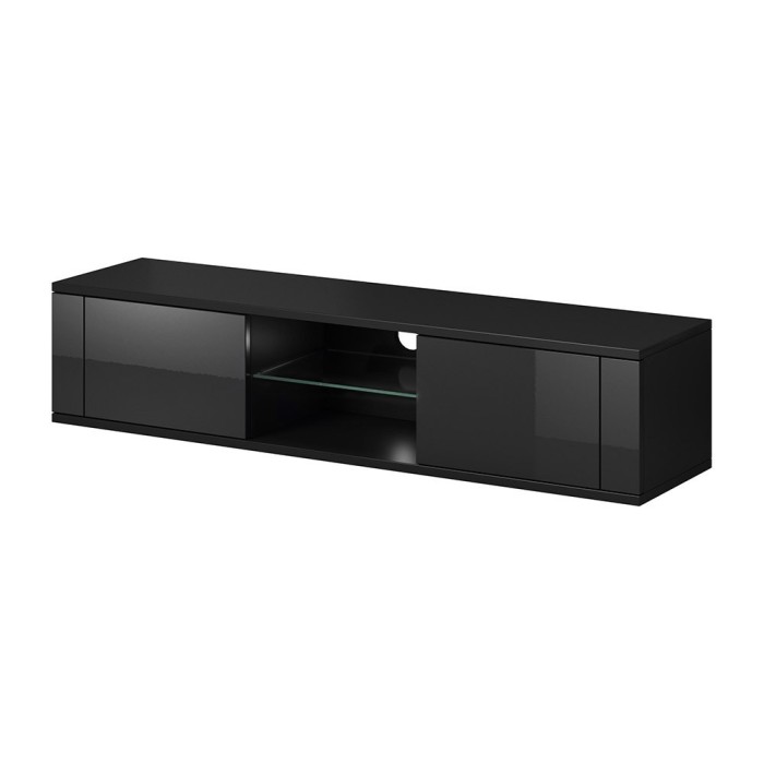 Meuble TV design PARIS-HIT 140 cm, 2 portes et 2 niches, coloris noir mat et noir brillant