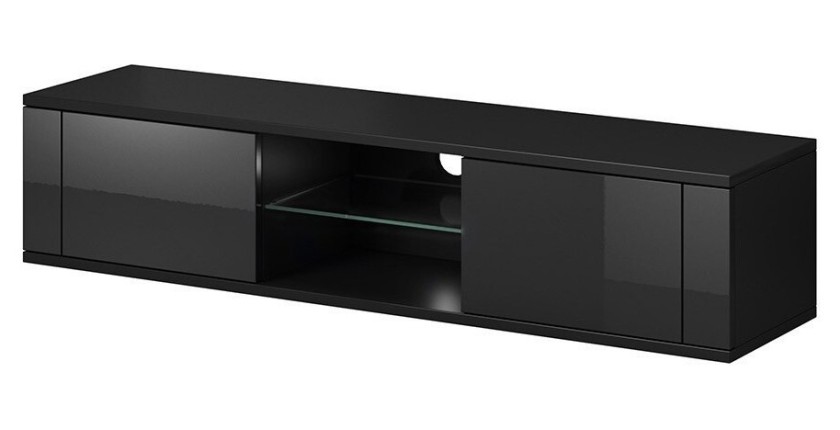 Meuble TV design PARIS-HIT 140 cm, 2 portes et 2 niches, coloris noir mat et noir brillant