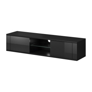 Meuble TV design PARIS-HIT 140 cm, 2 portes et 2 niches, coloris noir mat et noir brillant