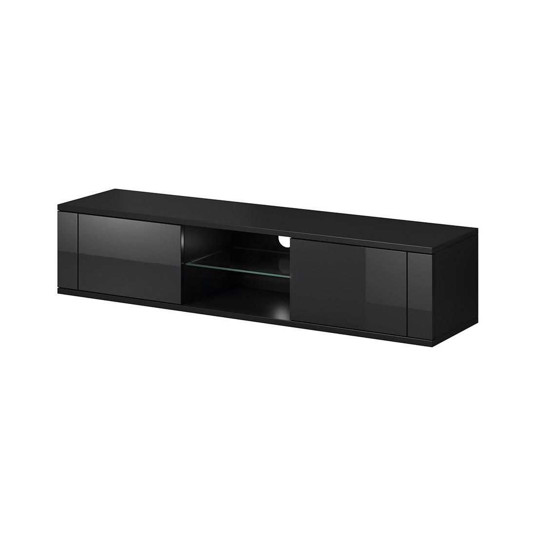 Meuble TV design PARIS-HIT 140 cm, 2 portes et 2 niches, coloris noir mat et noir brillant