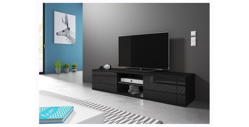 Meuble TV design PARIS-HIT 140 cm, 2 portes et 2 niches, coloris noir mat et noir brillant