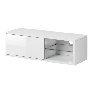Meuble TV design BREST-HIT 100 cm, 1 porte et 2 niches, coloris blanc mat et blanc brillant