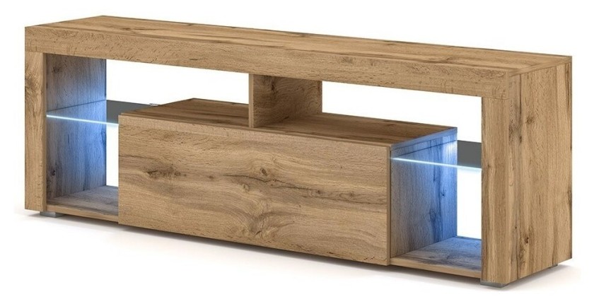 Meuble TV design MONTBLANC 140 cm, 1 porte et 2 niches, coloris chêne Wotan + LED.
