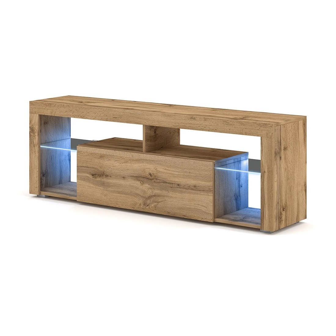 Meuble TV design MONTBLANC 140 cm, 1 porte et 2 niches, coloris chêne Wotan + LED.
