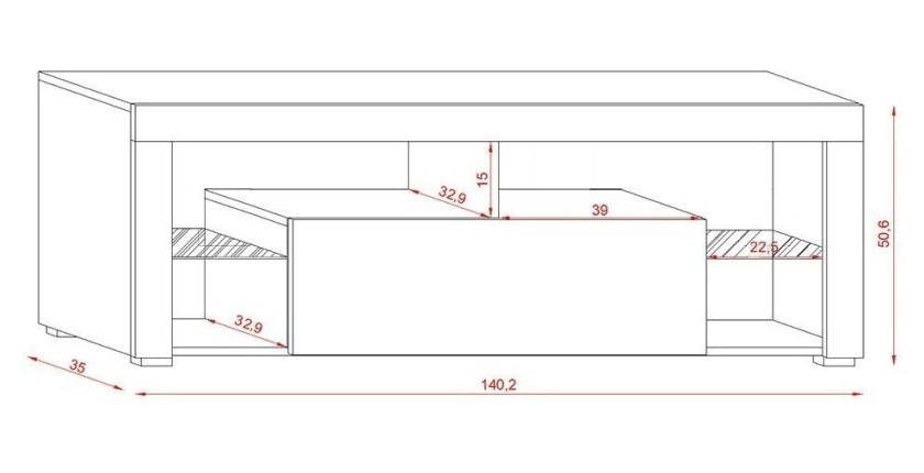 Meuble TV design MONTBLANC 140 cm, 1 porte et 2 niches, coloris chêne Wotan + LED.