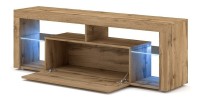 Meuble TV design MONTBLANC 140 cm, 1 porte et 2 niches, coloris chêne Wotan + LED.