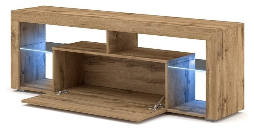 Meuble TV design MONTBLANC 140 cm, 1 porte et 2 niches, coloris chêne Wotan + LED.