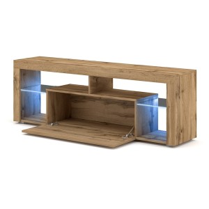 Meuble TV design MONTBLANC 140 cm, 1 porte et 2 niches, coloris chêne Wotan + LED.