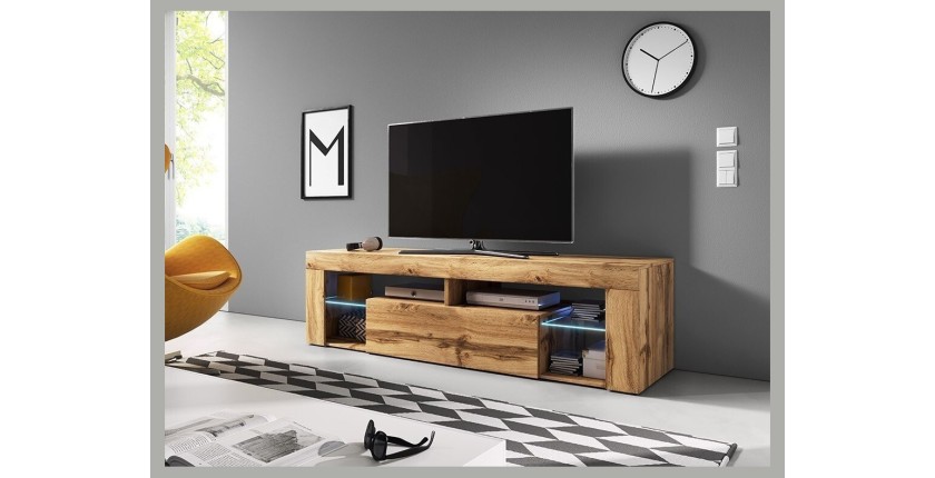 Meuble TV design MONTBLANC 140 cm, 1 porte et 2 niches, coloris chêne Wotan + LED.