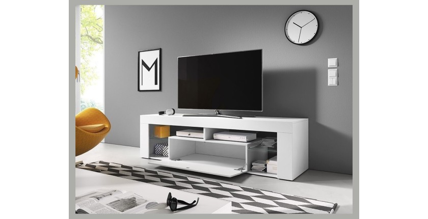 Meuble TV design MONTBLANC 140 cm, 1 porte et 2 niches, coloris blanc mat et blanc brillant