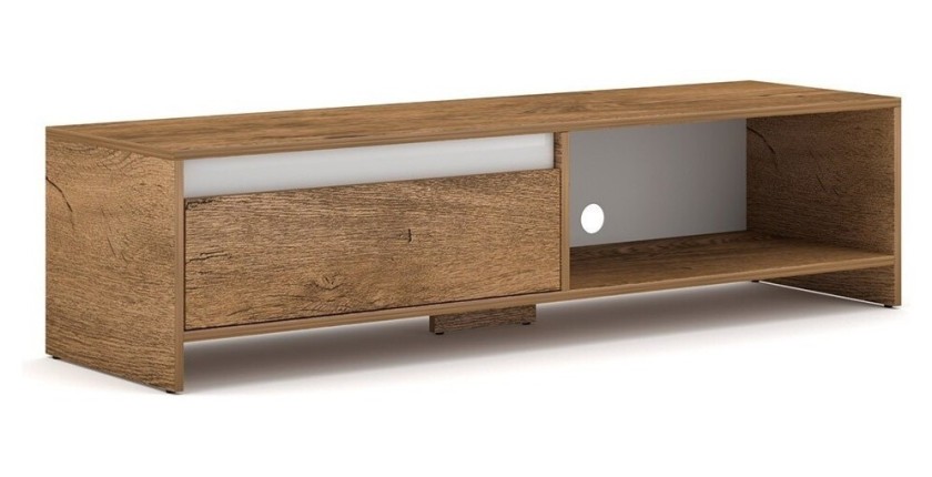 Meuble TV design LISSE 140 cm, 1 porte et 1 niche, coloris chêne foncé.
