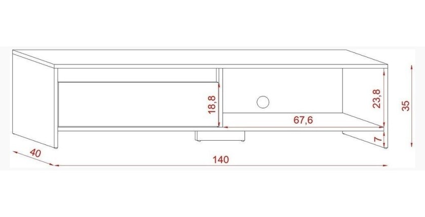 Meuble TV design LISSE 140 cm, 1 porte et 1 niche, coloris chêne foncé.