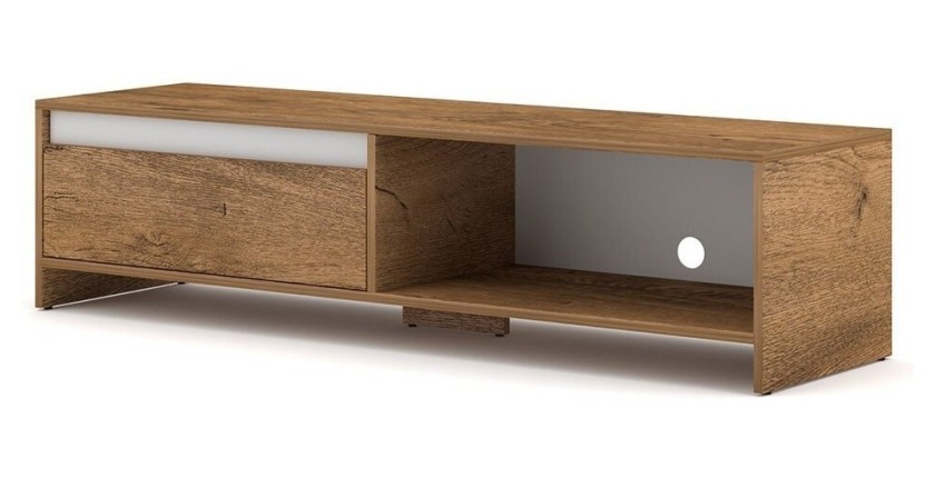 Meuble TV design LISSE 140 cm, 1 porte et 1 niche, coloris chêne foncé.
