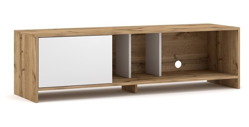 Meuble TV design NARVA 140 cm, 1porte, coloris chêne et blanc