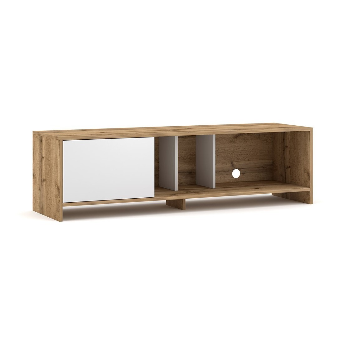 Meuble TV design NARVA 140 cm, 1porte, coloris chêne et blanc