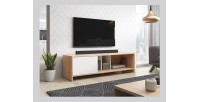 Meuble TV design NARVA 140 cm, 1porte, coloris chêne et blanc