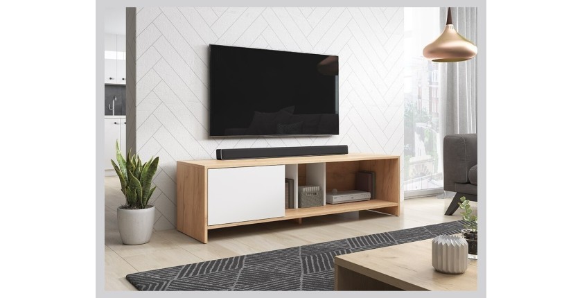 Meuble TV design NARVA 140 cm, 1porte, coloris chêne et blanc