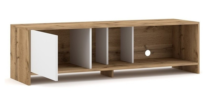 Meuble TV design NARVA 140 cm, 1porte, coloris chêne et blanc