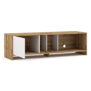Meuble TV design NARVA 140 cm, 1porte, coloris chêne et blanc