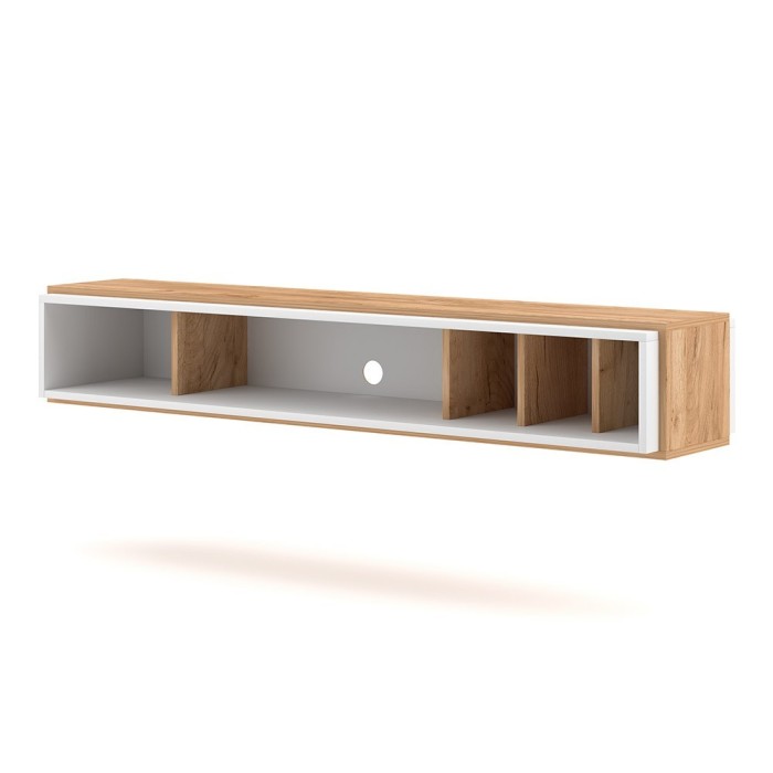Meuble TV design suspendu DEVA 150 cm coloris chêne et blanc