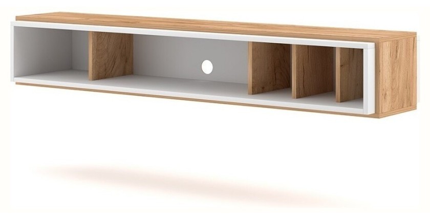 Meuble TV design suspendu DEVA 150 cm coloris chêne et blanc