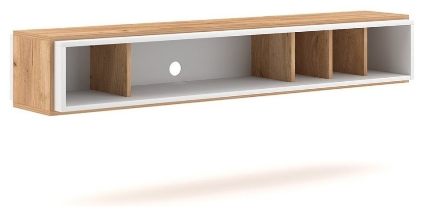 Meuble TV design suspendu DEVA 150 cm coloris chêne et blanc
