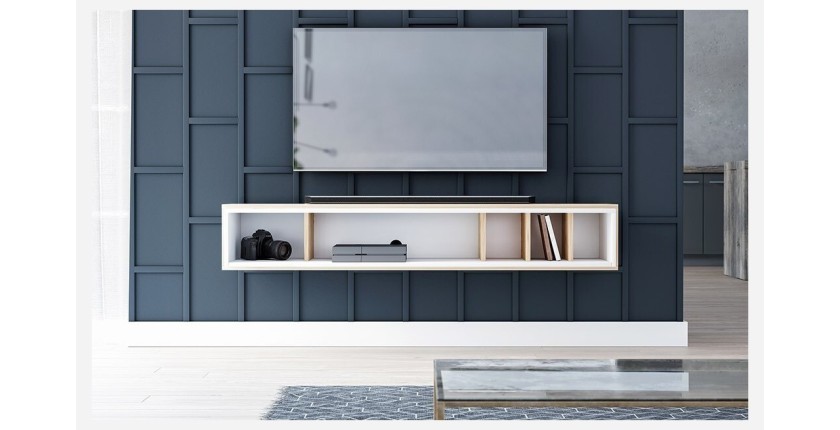 Meuble TV design suspendu DEVA 150 cm coloris chêne et blanc