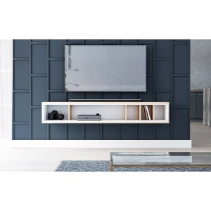 Meuble TV design suspendu DEVA 150 cm coloris chêne et blanc