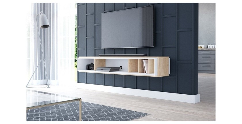 Meuble TV design suspendu DEVA 150 cm coloris chêne et blanc